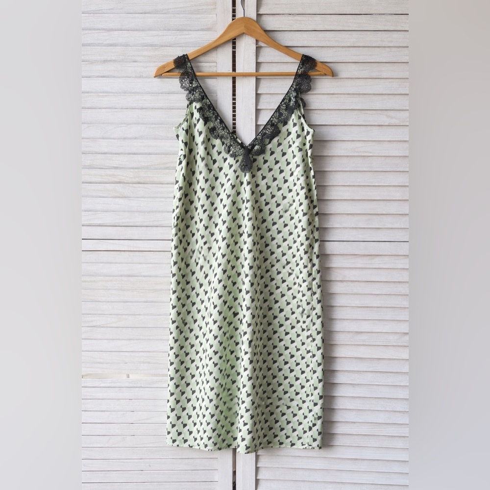 Future Collective Green & Black Lace Trim Midi Slip Dress XS Chic Minimal